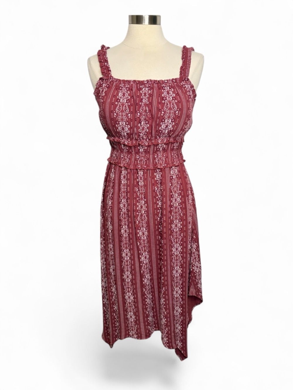 DEREK HEART Boho Print Handkerchief Hem Midi Dress, Large